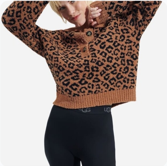 UGG Sweaters - UGG Mowery Jacquard Leopard Print Cozy Knit Collared Sweater NWT Size Large